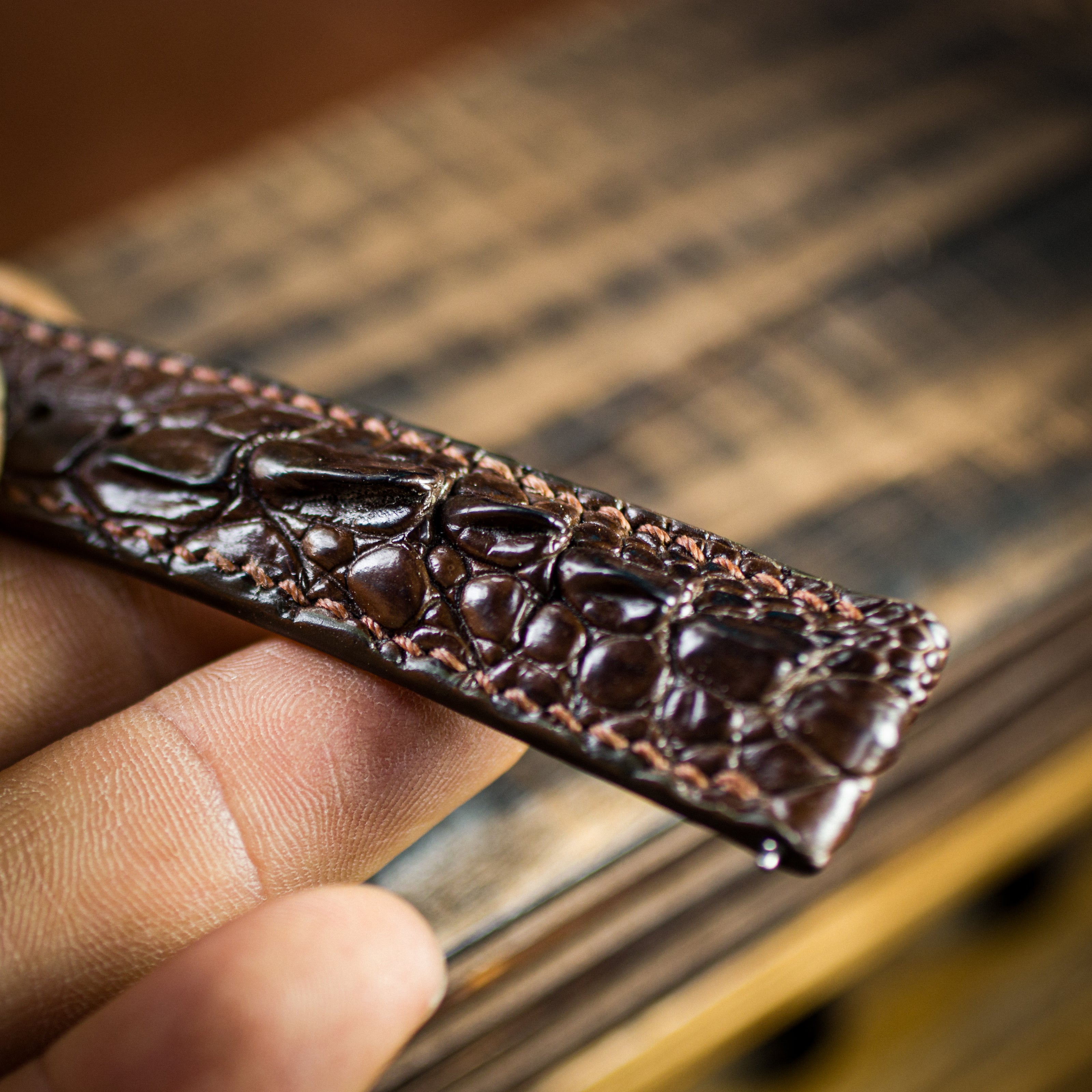 Brown Horned Alligator Leg Stitched Strap