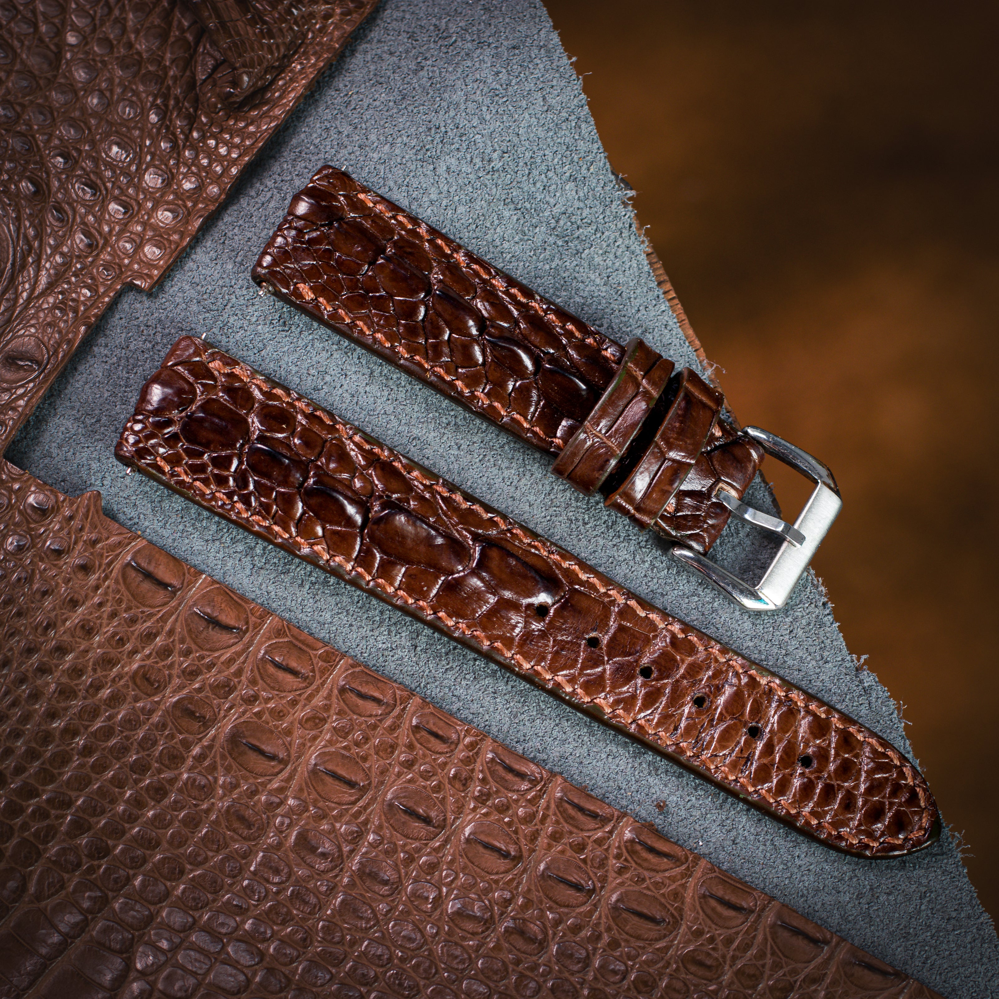 Brown Horned Alligator Leg Stitched Strap