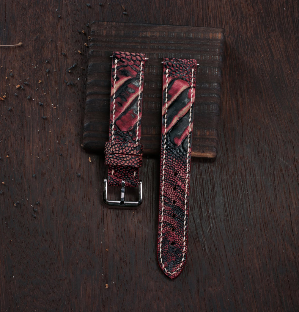 Black Cherry Waxed Ostrich Leg Leather Watch Strap (Scaled)