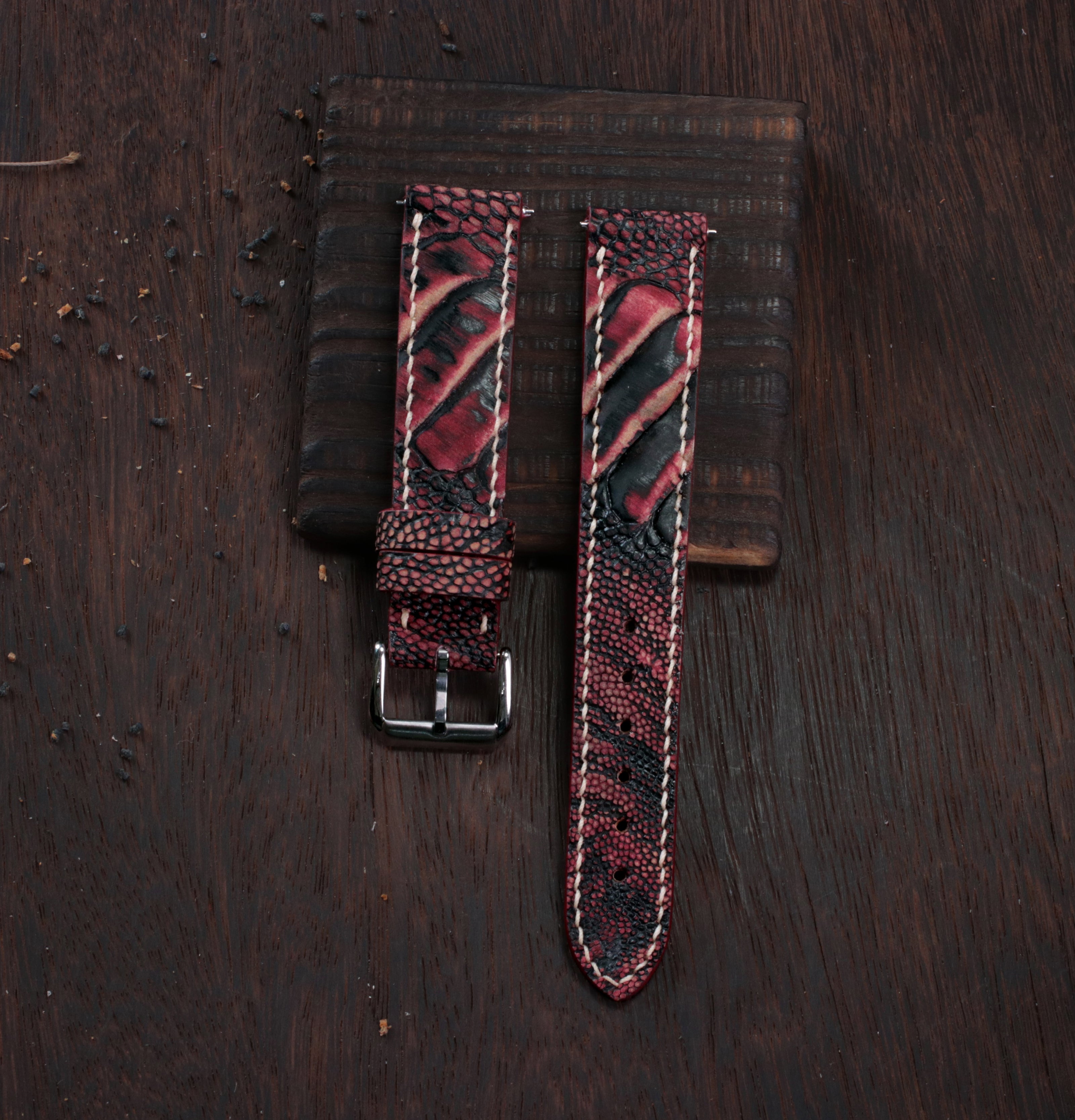 Black Cherry Waxed Ostrich Leg Leather Watch Strap (Scaled)