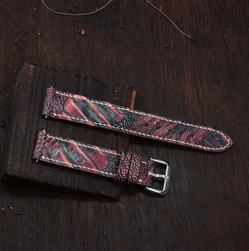 Black Cherry Waxed Ostrich Leg Leather Watch Strap (Scaled)