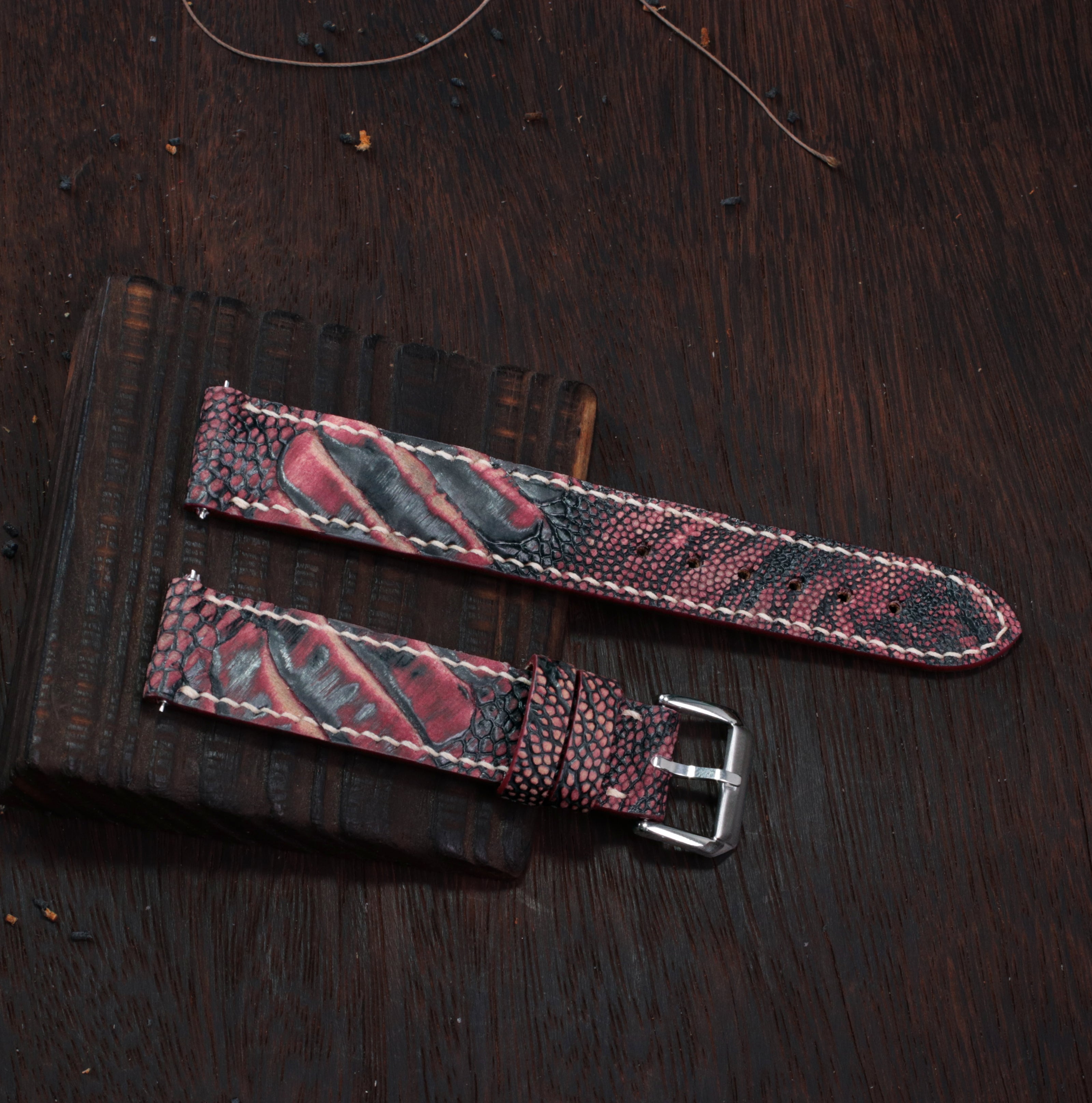 Black Cherry Waxed Ostrich Leg Leather Watch Strap (Scaled)
