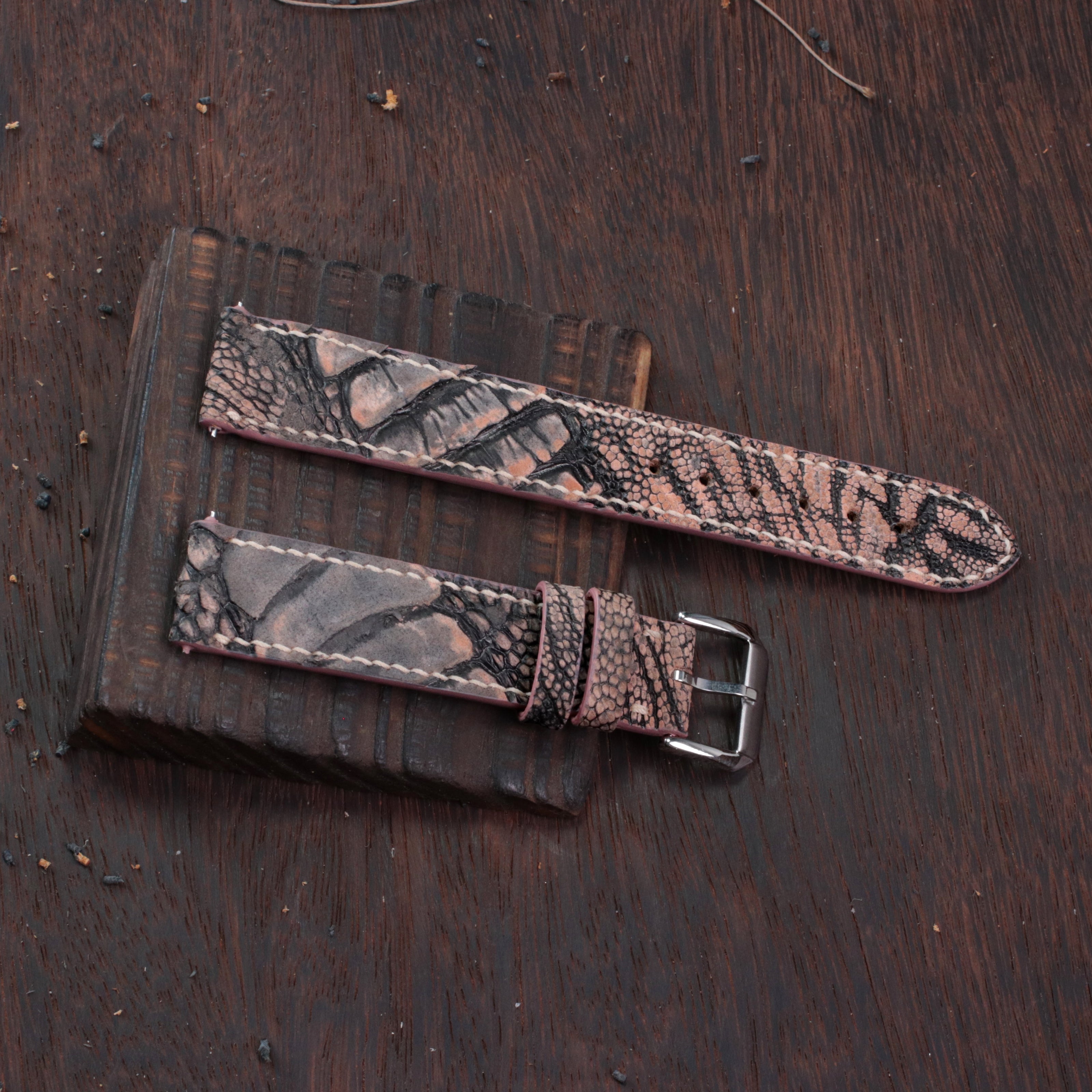 Vintage Rose Waxed Ostrich Leg Leather Watch Strap (Scaled)