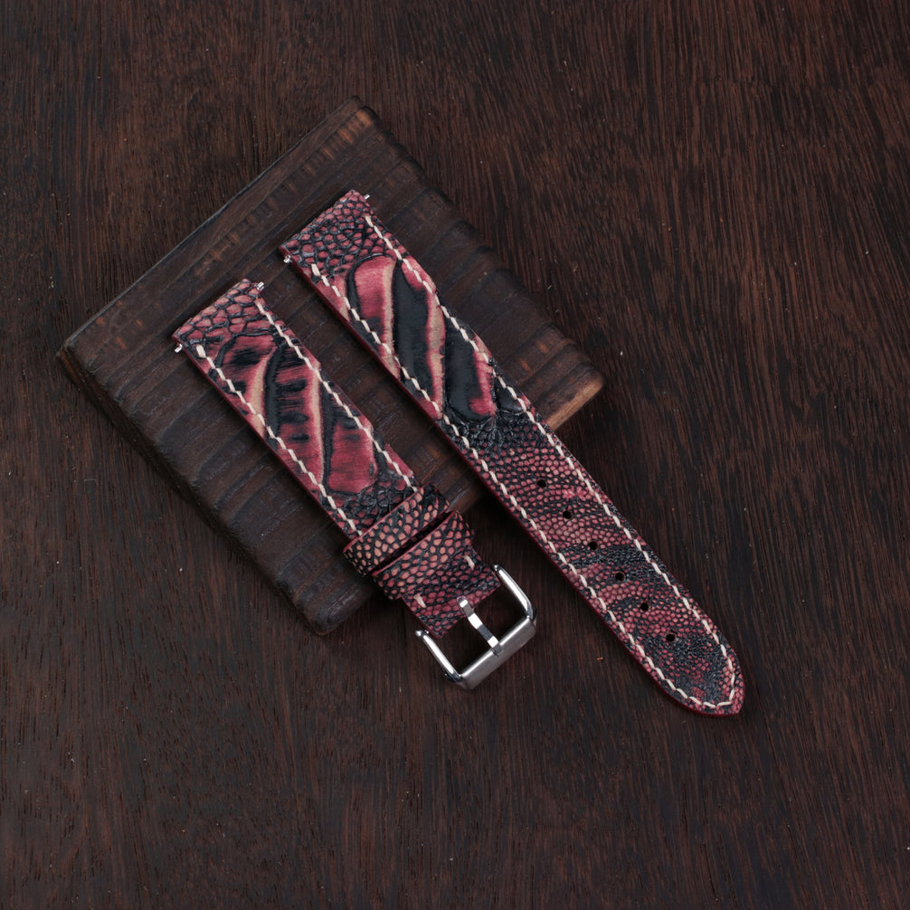 Black Cherry Waxed Ostrich Leg Leather Watch Strap (Scaled)