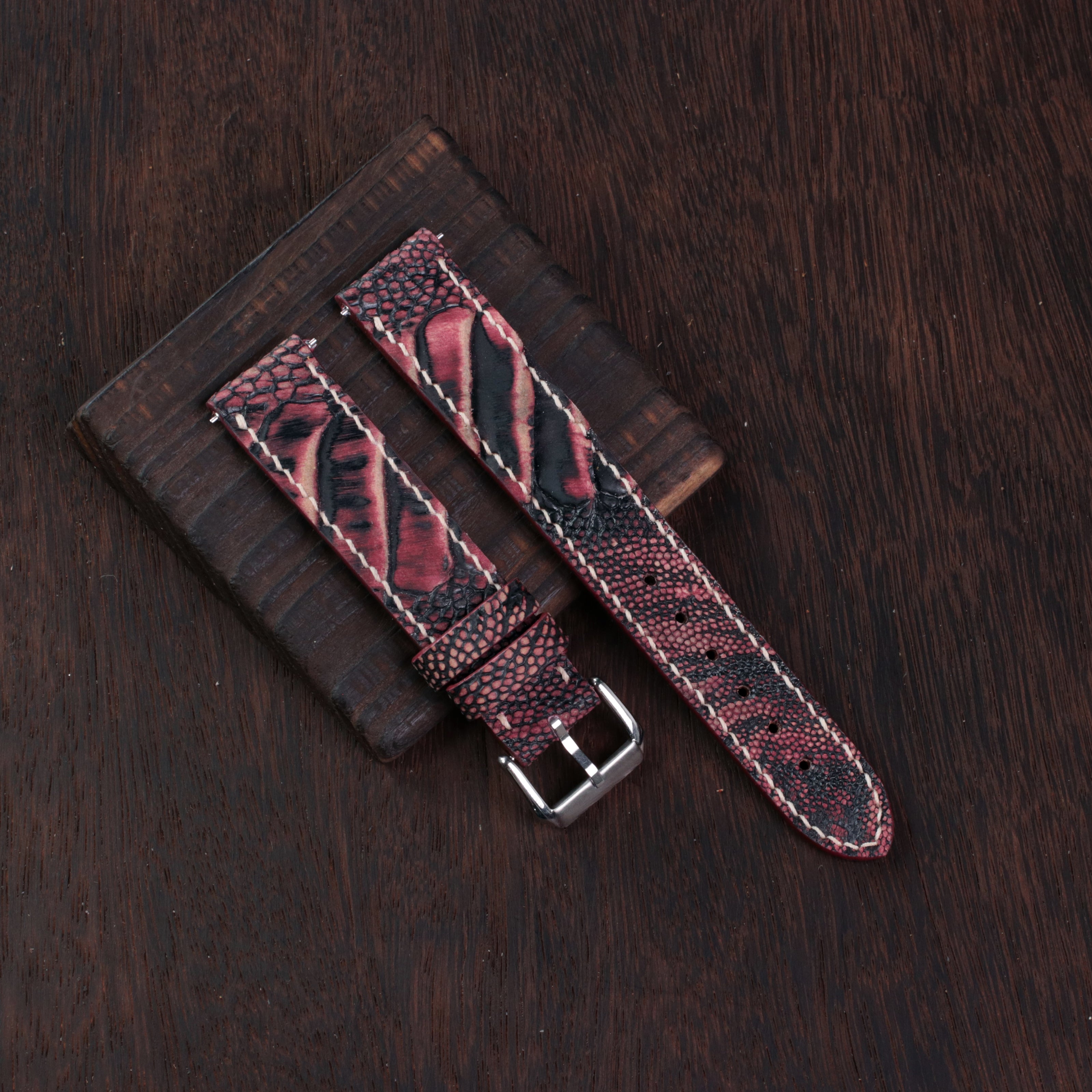 Black Cherry Waxed Ostrich Leg Leather Watch Strap (Scaled)
