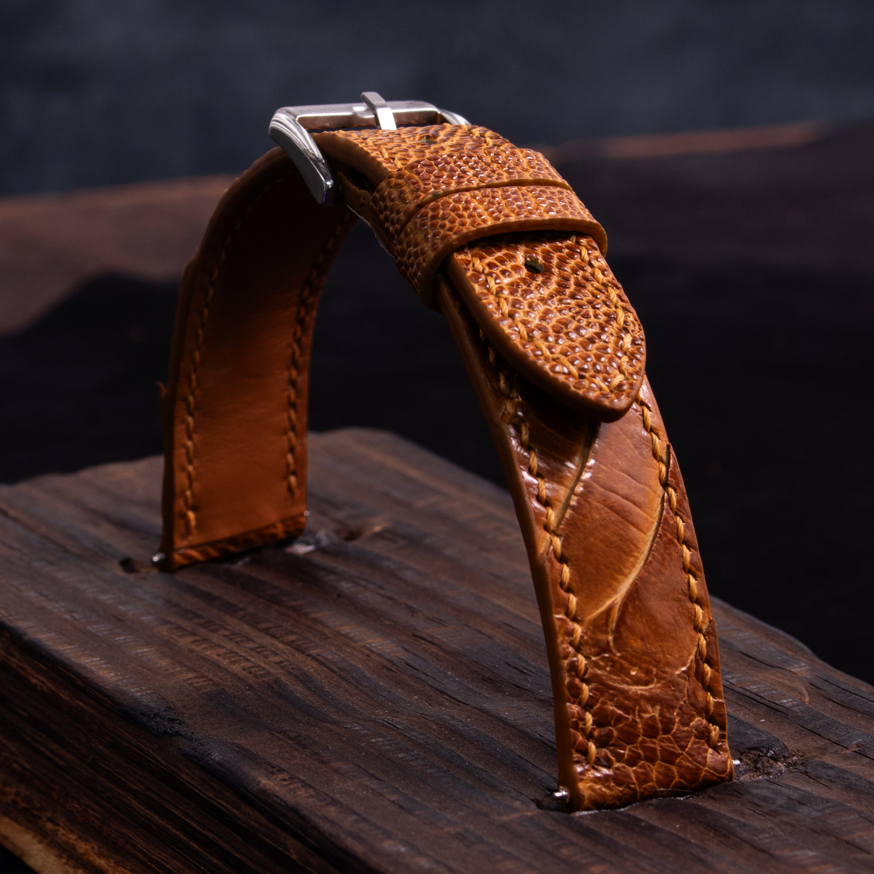 Cognac Brown Glossy Ostrich Leg Watch Strap (Scaled)