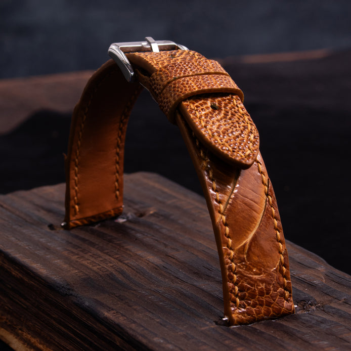 Cognac Brown Glossy Ostrich Leg Watch Strap (Scaled)
