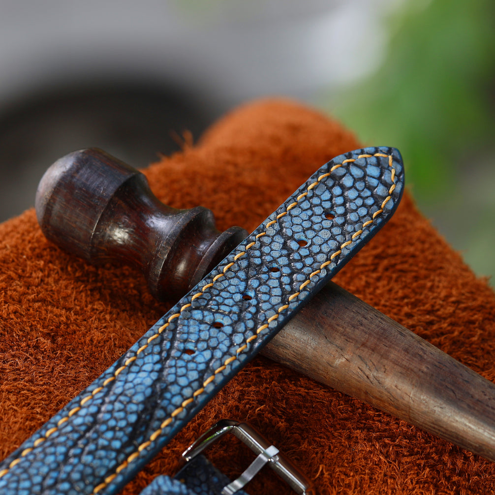 Blue Waxed Ostrich Leg Leather Watch Strap (Smooth)