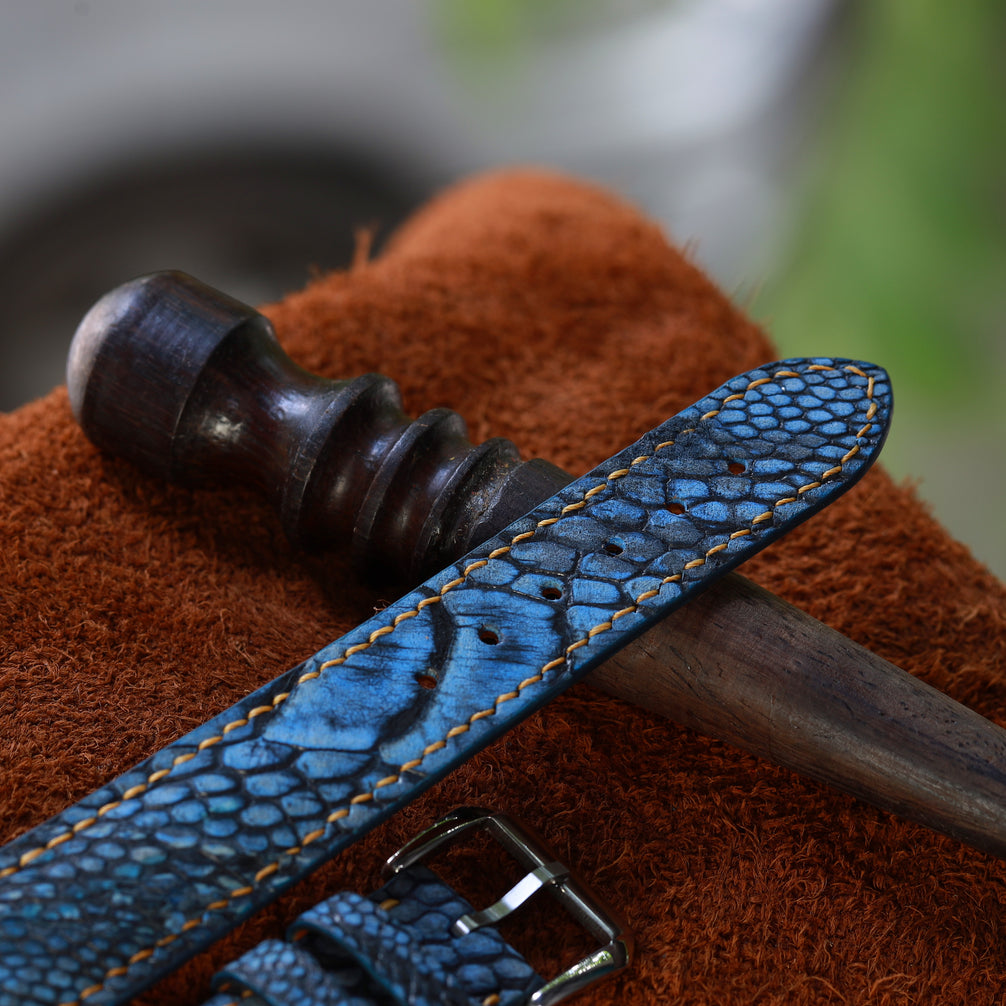 Blue Waxed Ostrich Leg Leather Watch Strap (Scaled)