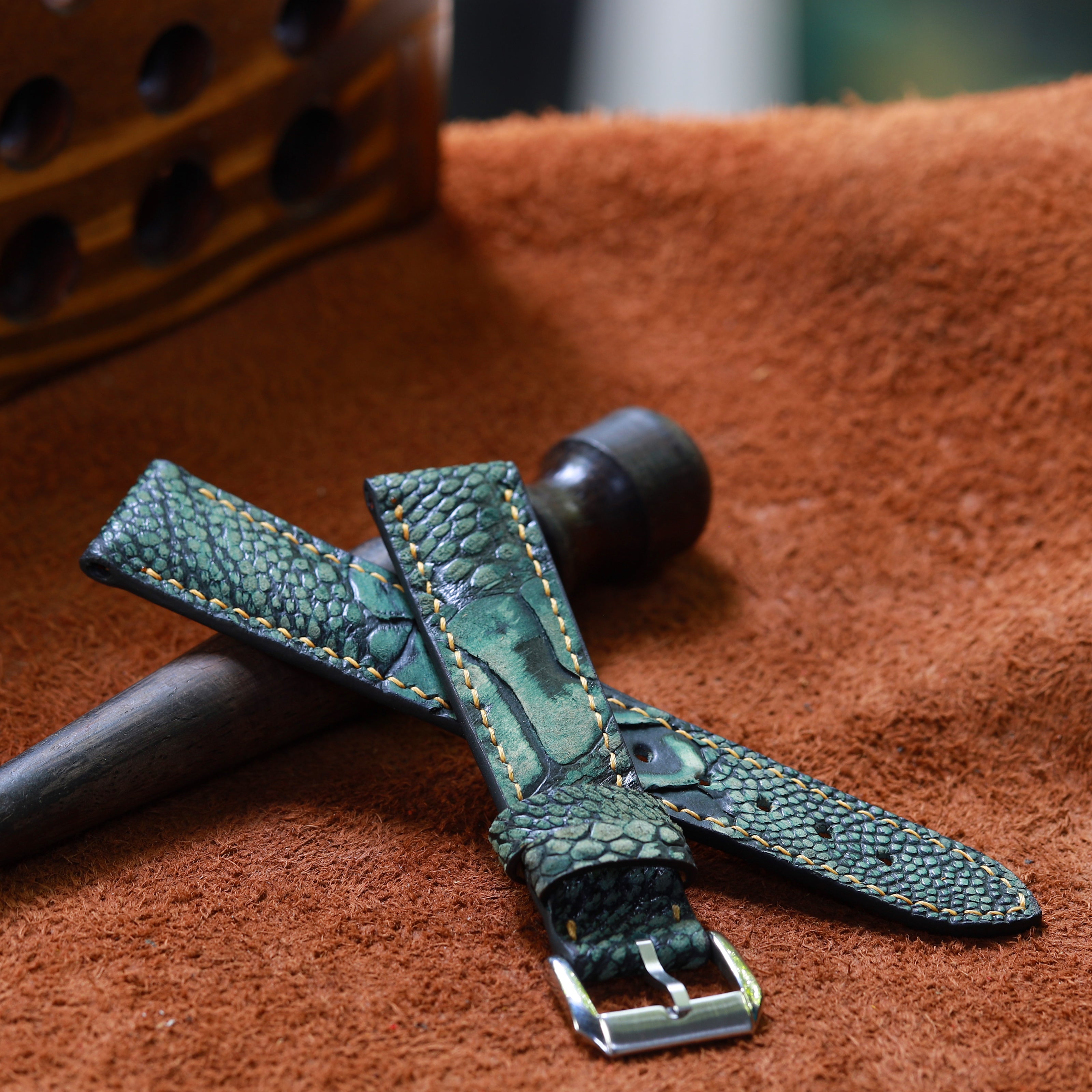 Green Ostrich Leg Leather Watch Strap (Scaled)