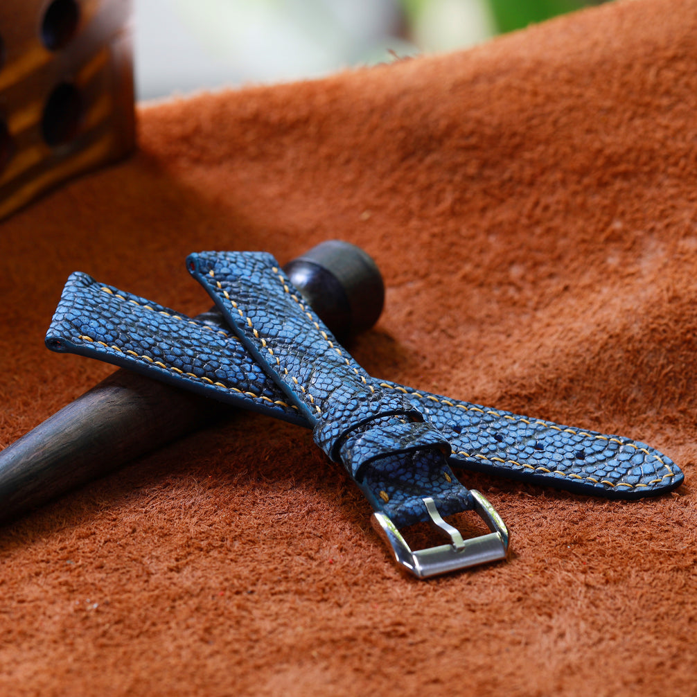 Blue Waxed Ostrich Leg Leather Watch Strap (Smooth)