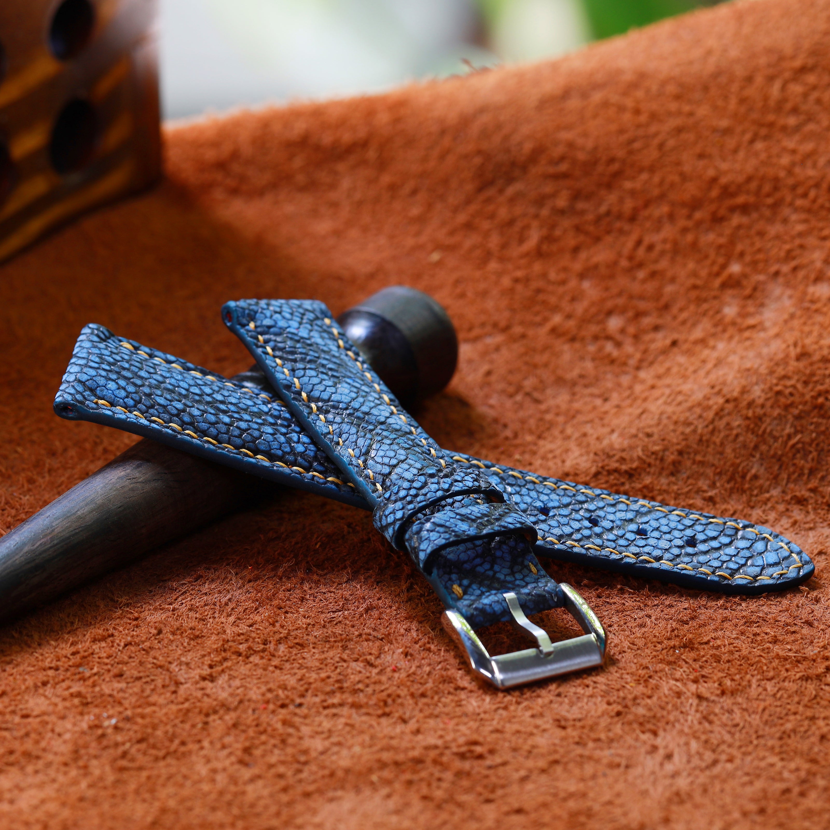 Blue Waxed Ostrich Leg Leather Watch Strap (Smooth)