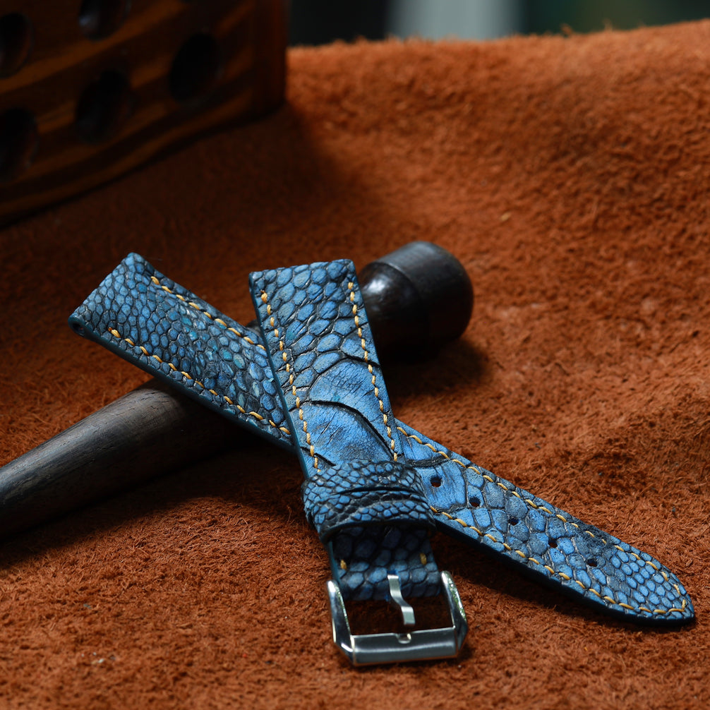 Blue Waxed Ostrich Leg Leather Watch Strap (Scaled)