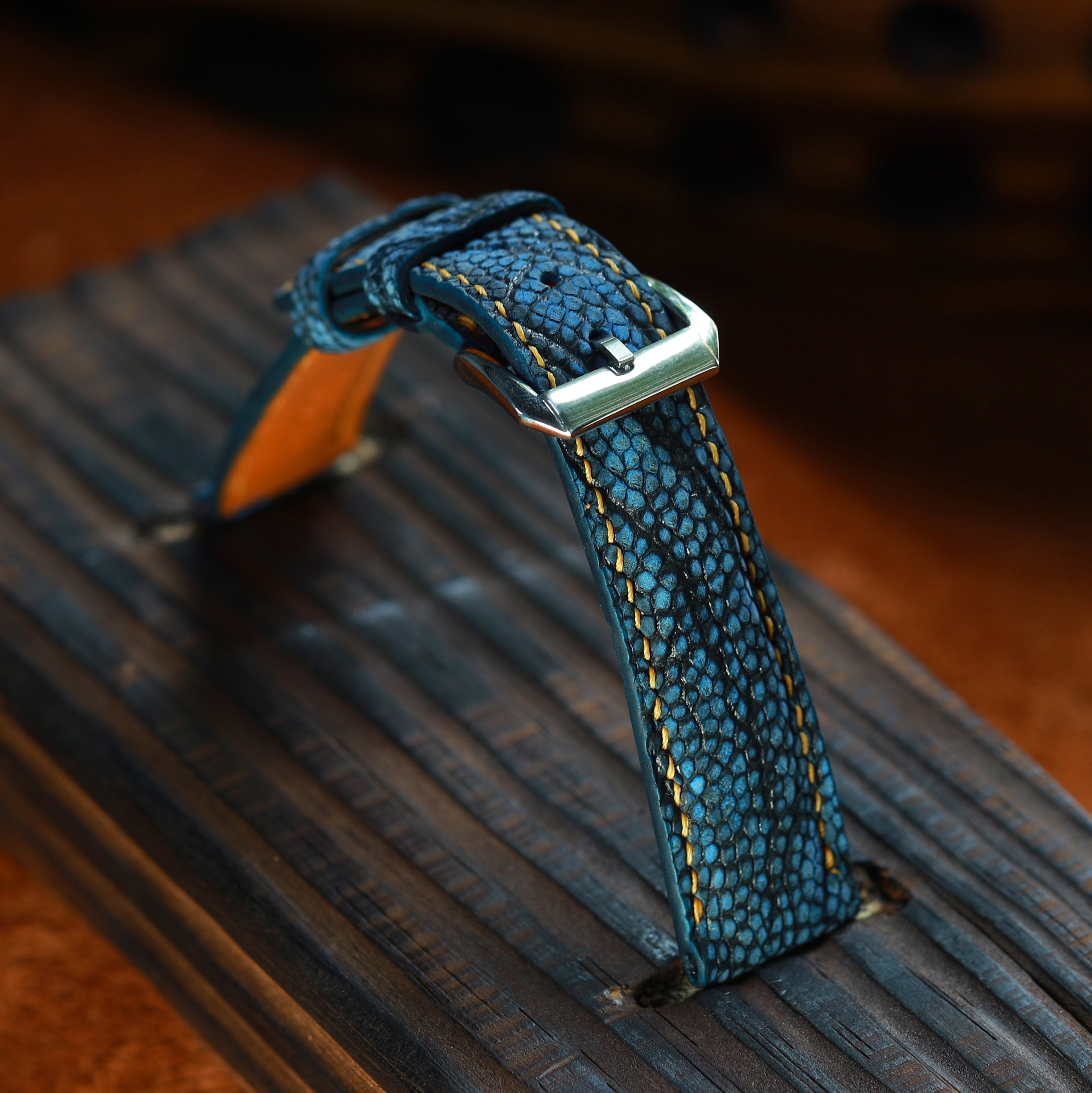 Blue Waxed Ostrich Leg Leather Watch Strap (Smooth)