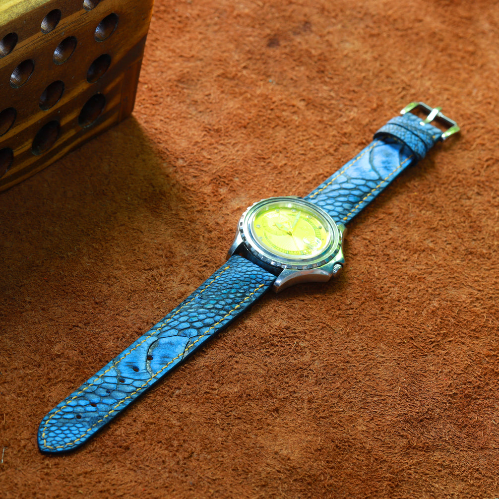 Blue Waxed Ostrich Leg Leather Watch Strap (Scaled)