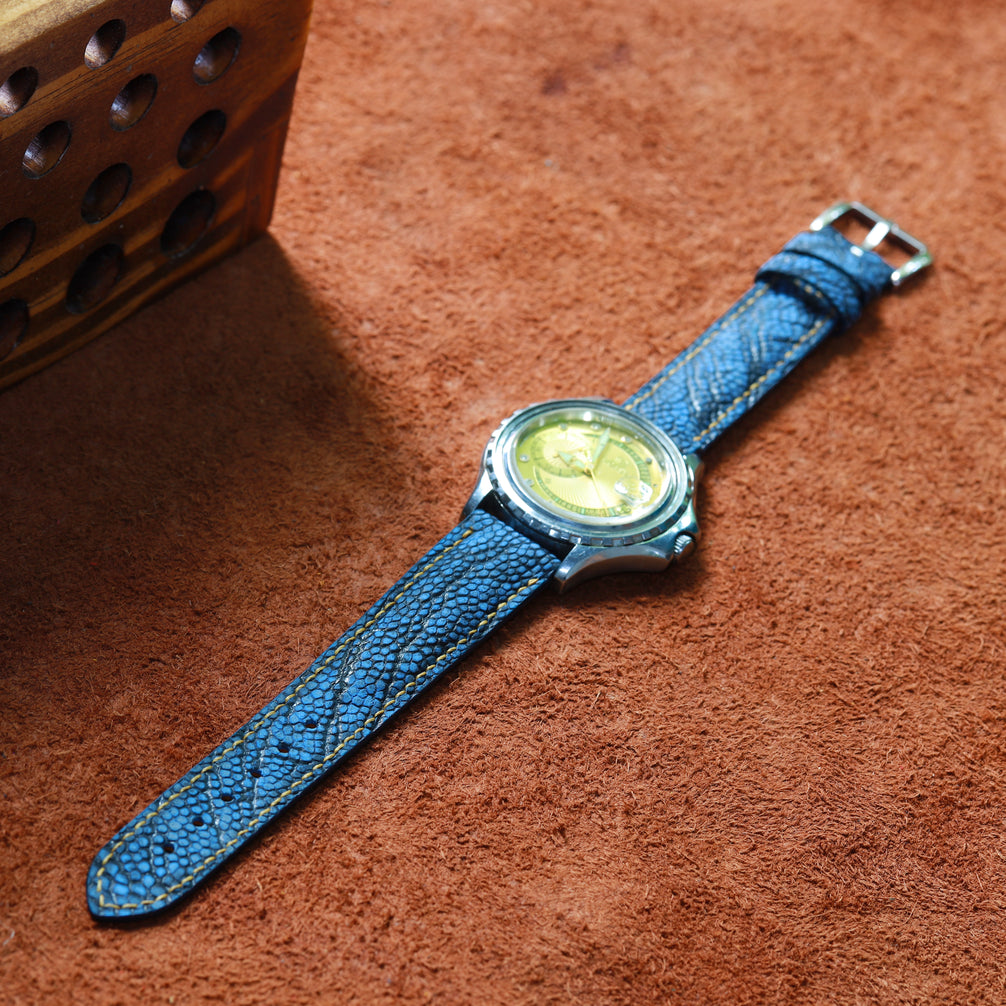 Blue Waxed Ostrich Leg Leather Watch Strap (Smooth)
