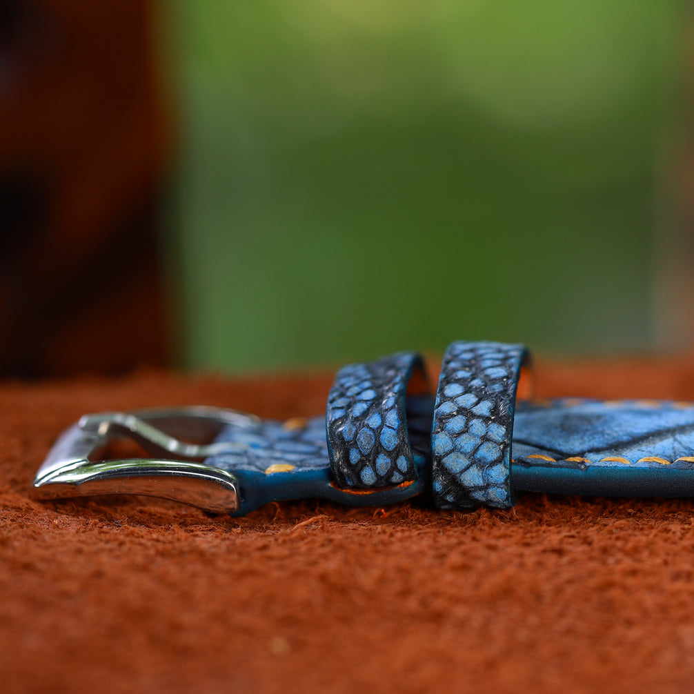 Blue Waxed Ostrich Leg Leather Watch Strap (Scaled)